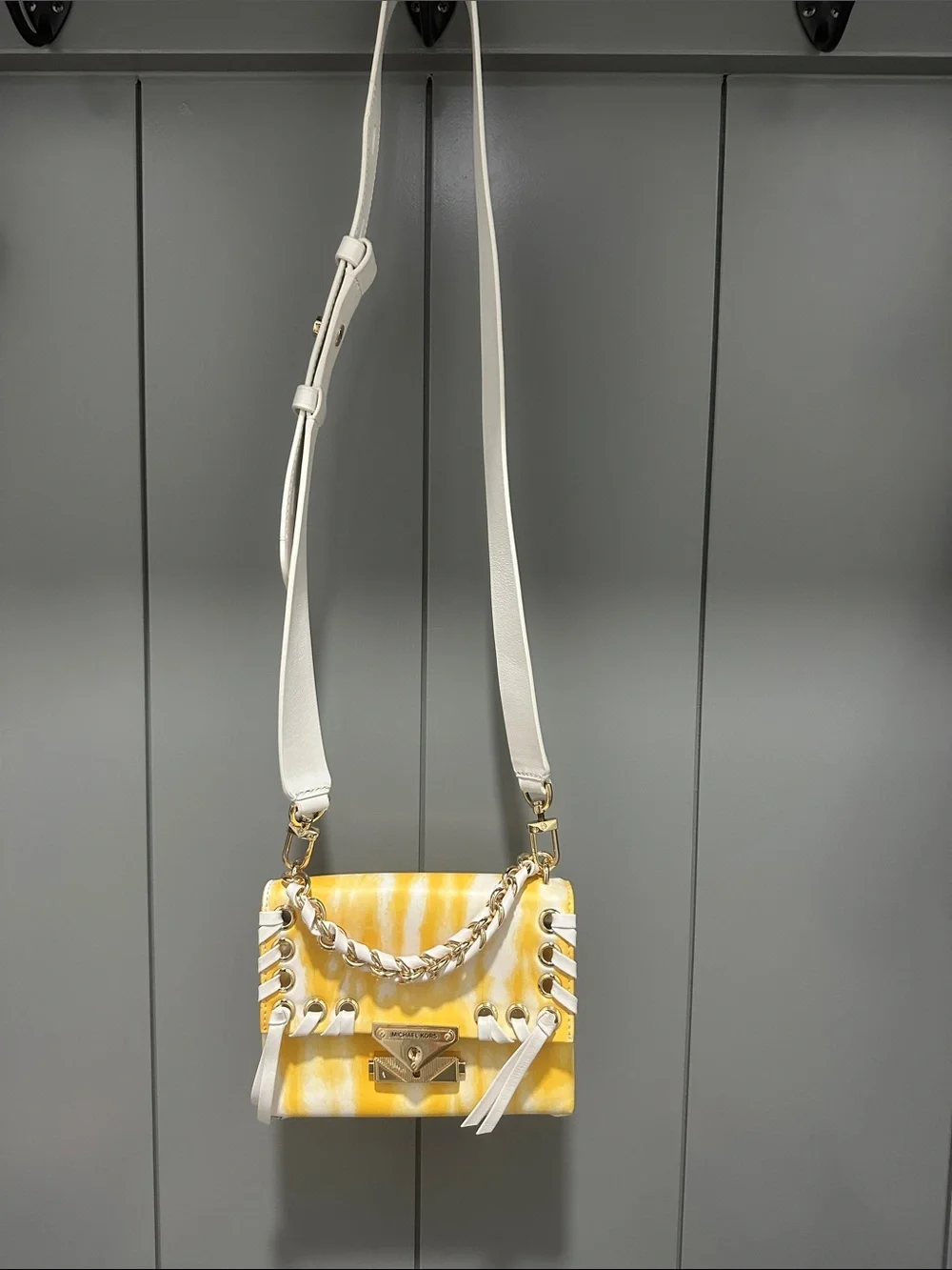 Michael Kors White and Yellow Tie-Dye Crossbody Bag with Chain